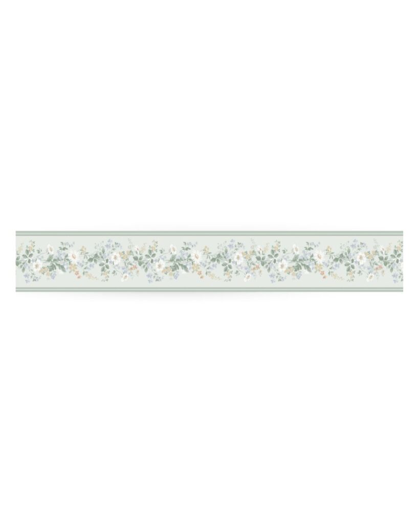 Green wallpaper with a floral and border pattern