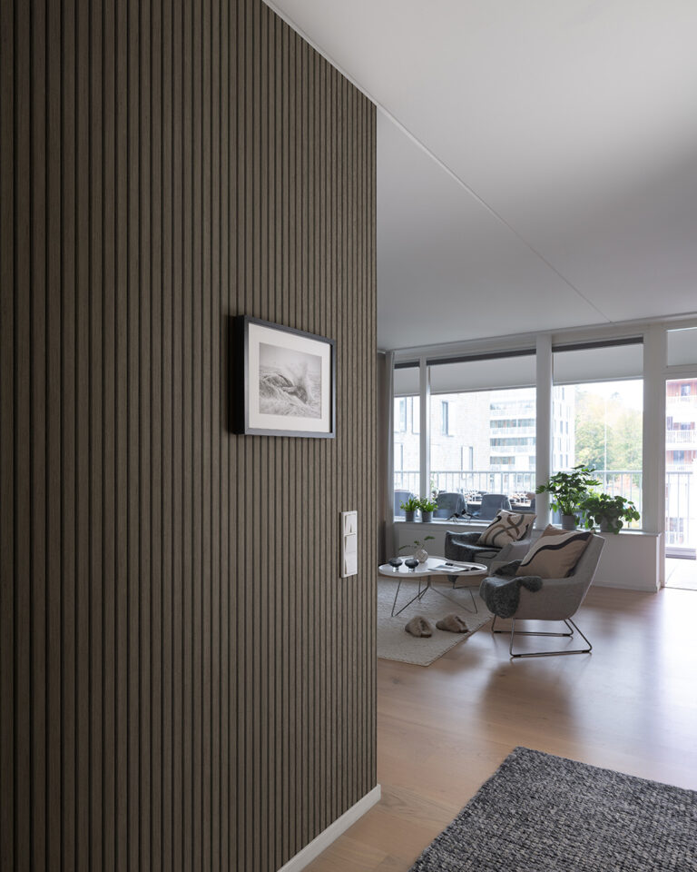 wood paneling in the entryway that opens into the living room