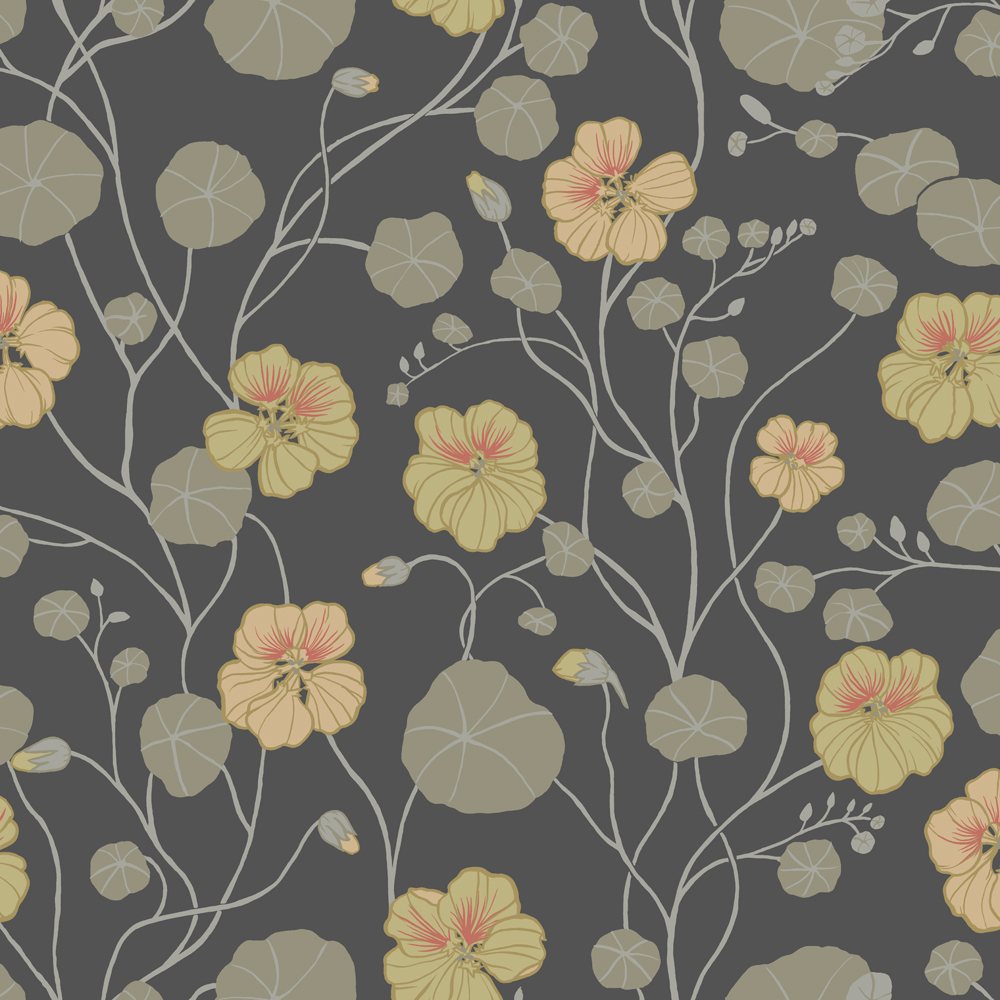 Gray wallpaper with a floral pattern