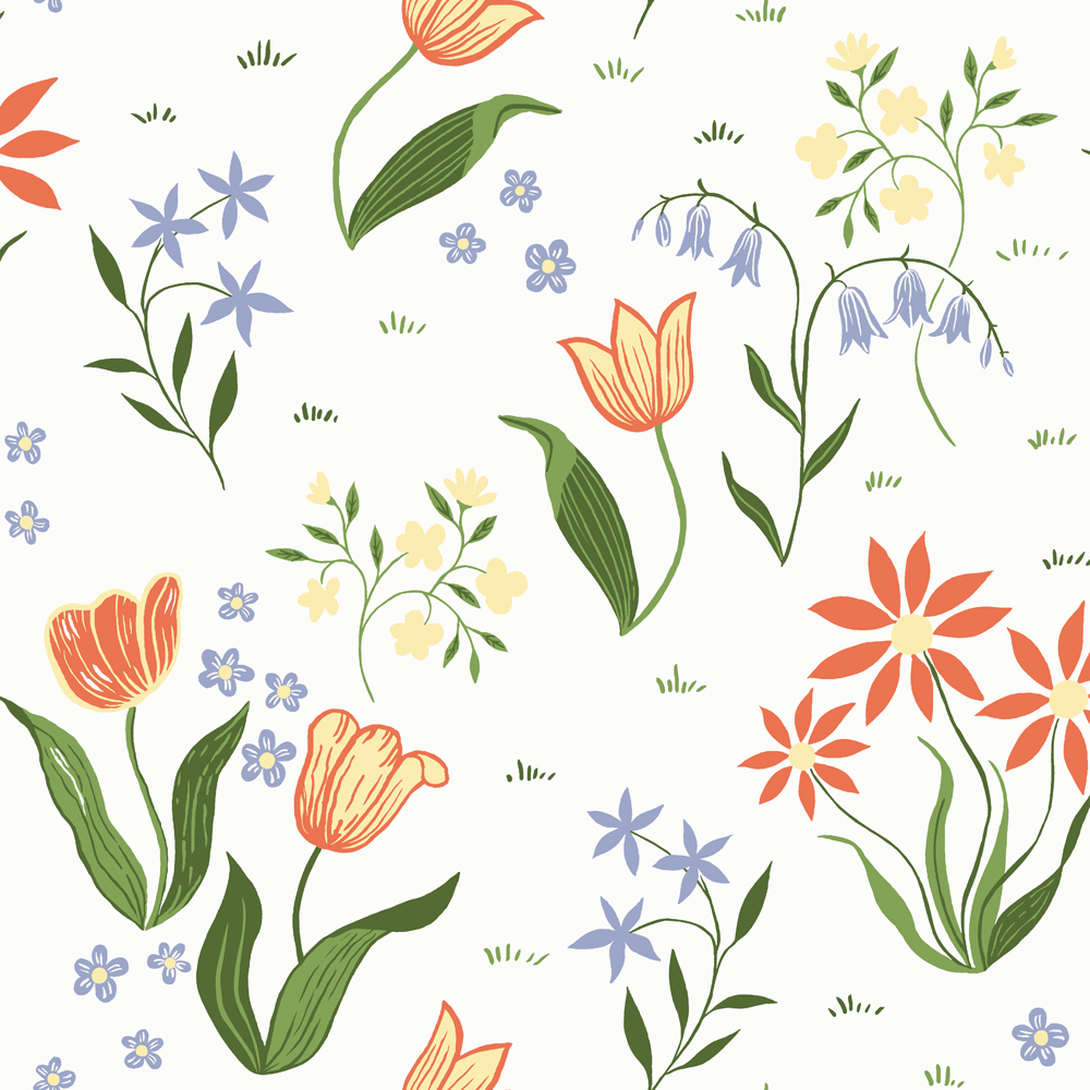 Multicolored, White Wallpaper with a Floral Pattern