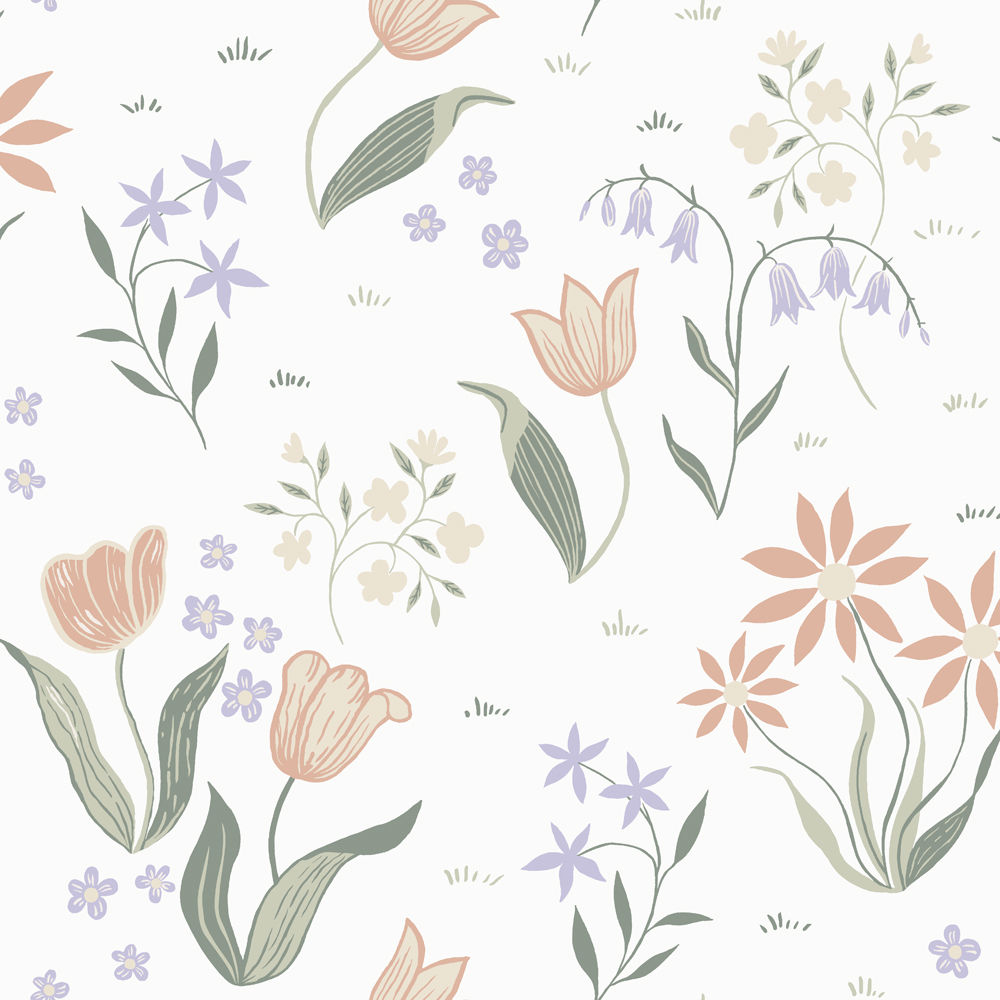 Multicolored, White Wallpaper with a Floral Pattern