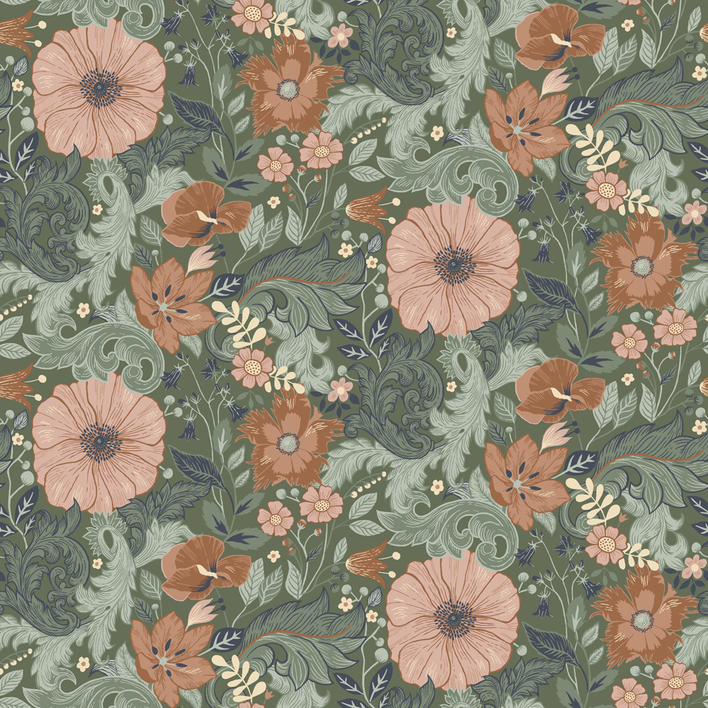 Green and Pink Wallpaper with a Floral Pattern