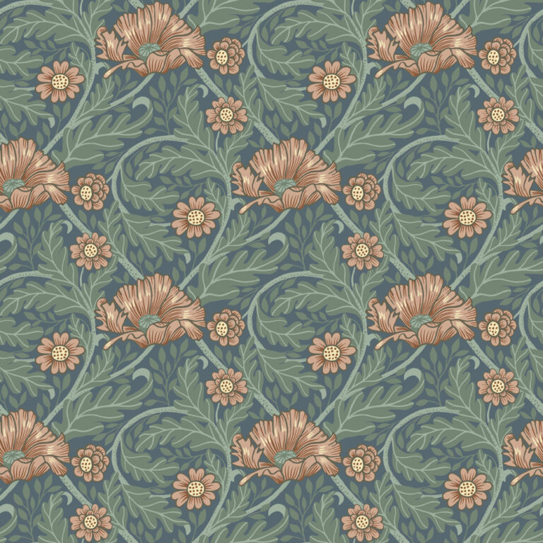 Blue and green wallpaper with a floral pattern