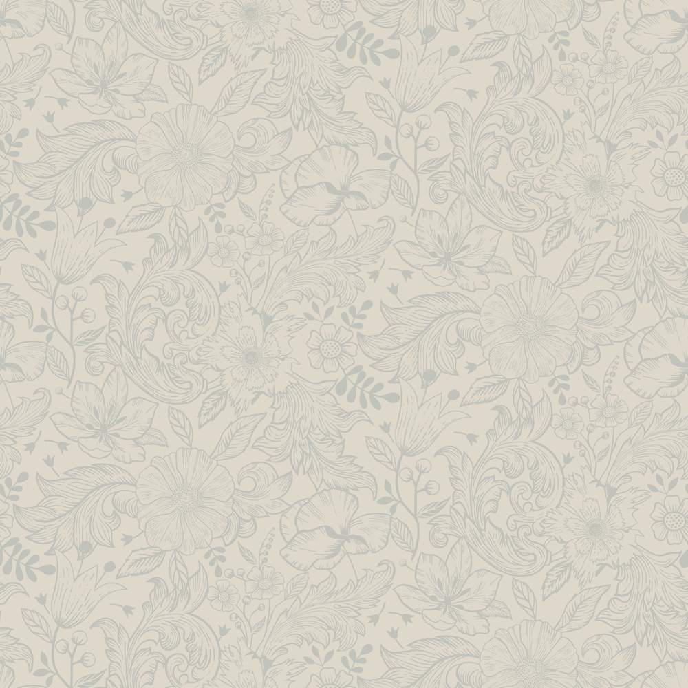 Gray, neutral wallpaper with a floral pattern