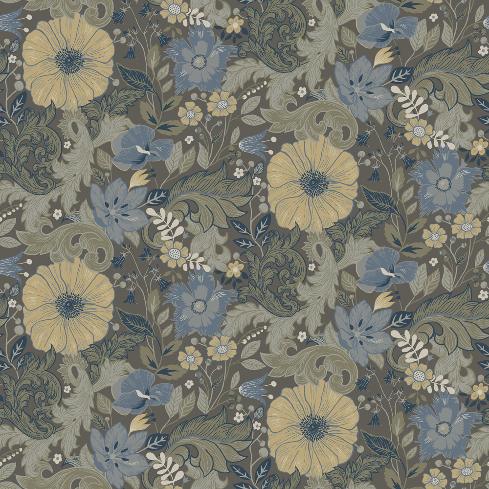 Brown, Blue, Yellow Wallpaper with Floral Patterns