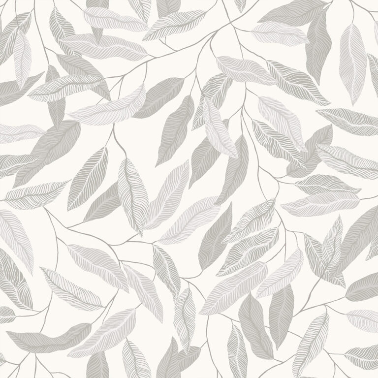 White, Gray, Neutral Wallpaper with Leaf Pattern
