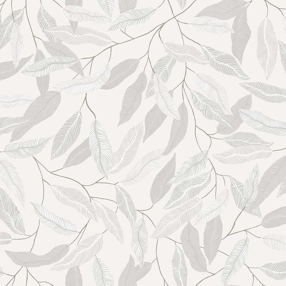 Gray, Beige, Neutral Wallpaper with Leaf Pattern