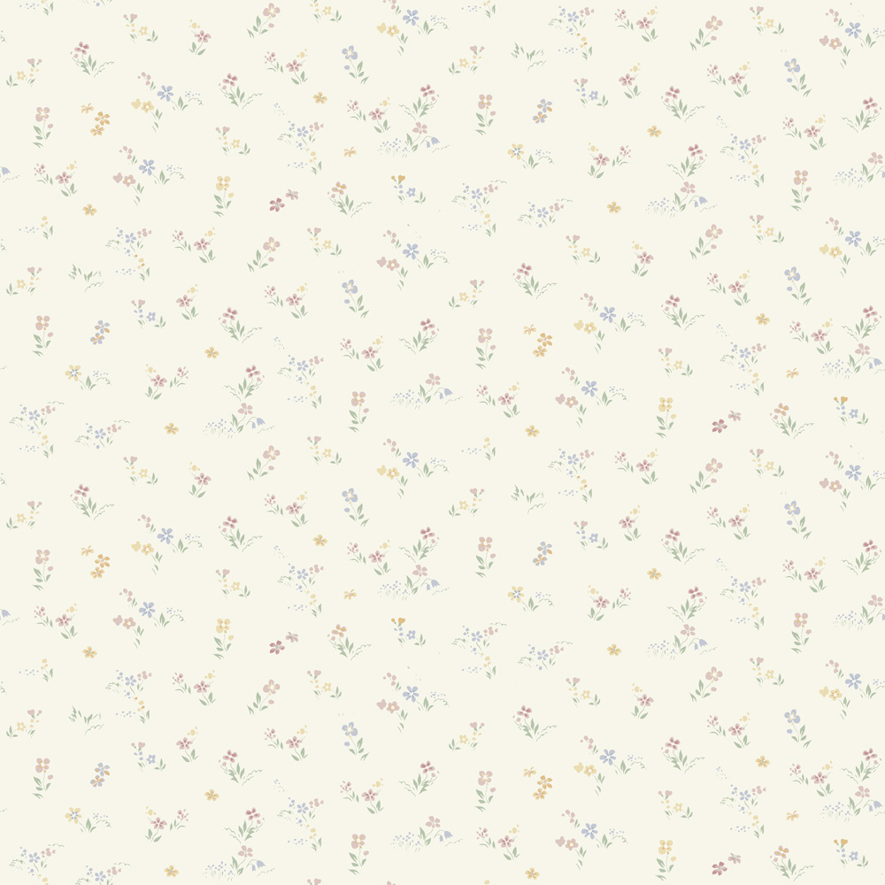 Multicolored wallpaper with floral, small-patterned designs