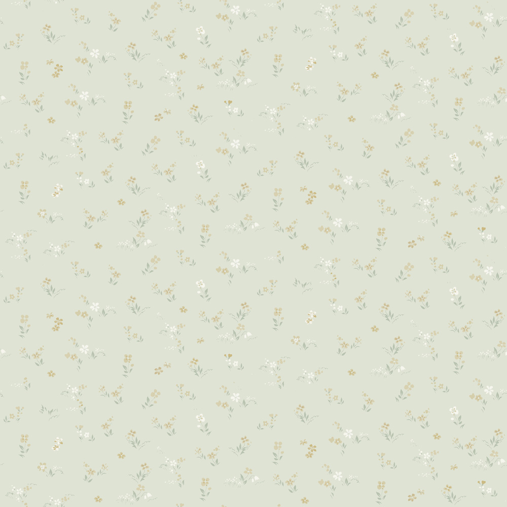 Green wallpaper with a floral, small-patterned design