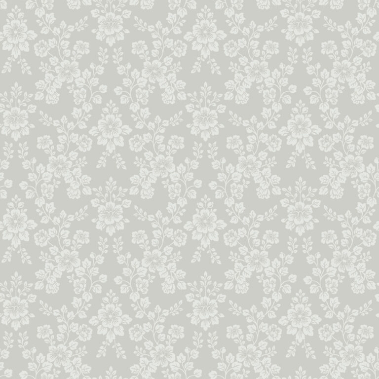 Gray wallpaper with a floral, medallion pattern