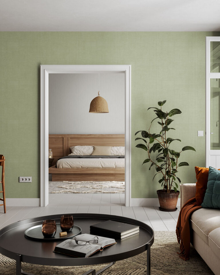 Light green linen wallpaper in the living room