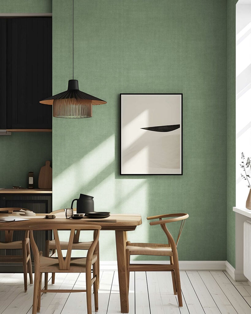 Dark green linen wallpaper in the kitchen with oak kitchen chairs and a table.