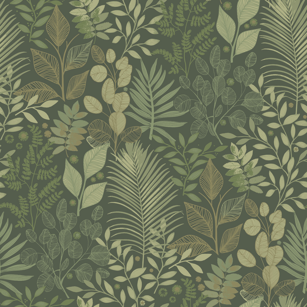 Green wallpaper with a leaf pattern