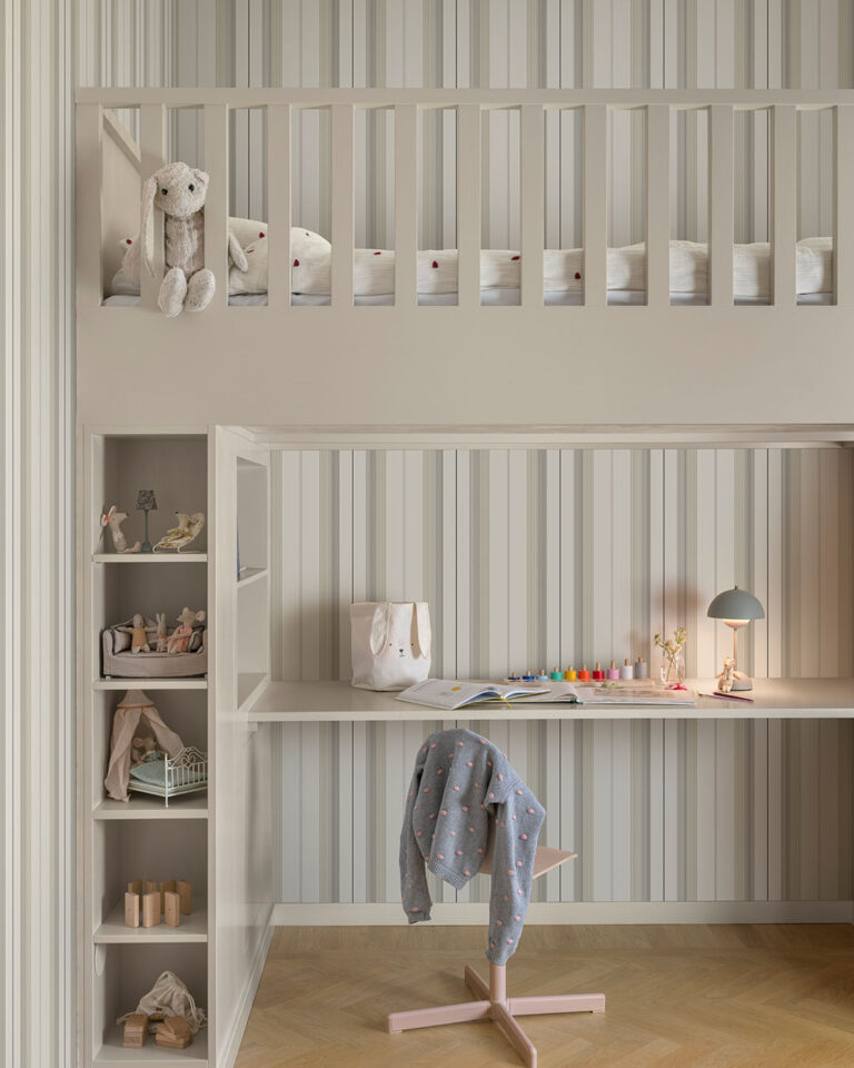 striped beige wallpaper in a child's room with a bunk bed