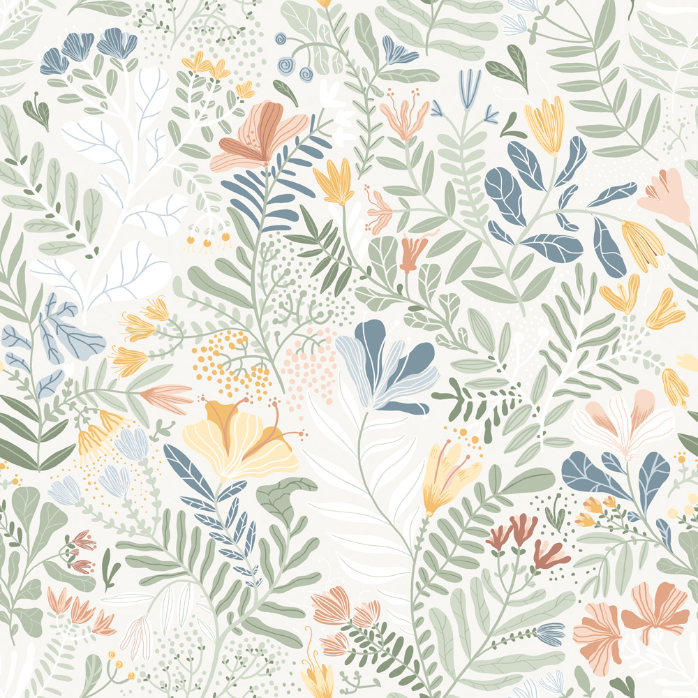 Green, Beige Wallpaper with a Floral, Large-Scale Pattern