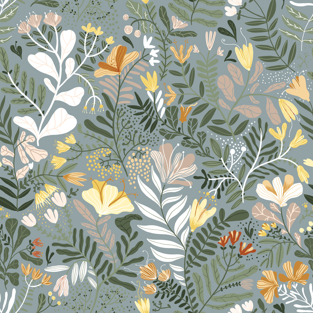 Gray wallpaper with a floral pattern