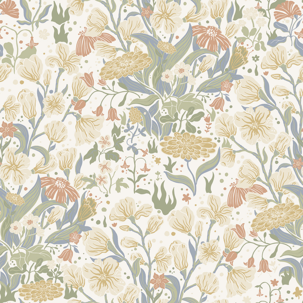 Multicolored, Beige Wallpaper with a Floral Pattern