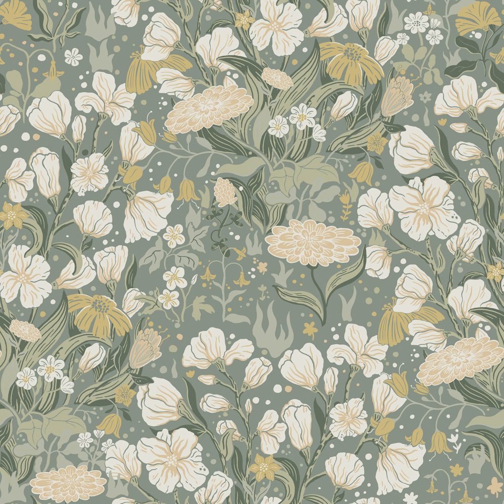 Green wallpaper with a floral pattern