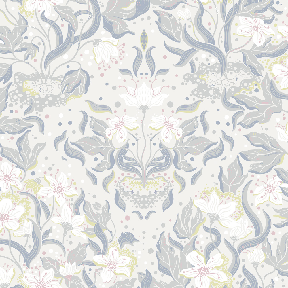 Gray, Blue Wallpaper with Leaves, Floral Pattern