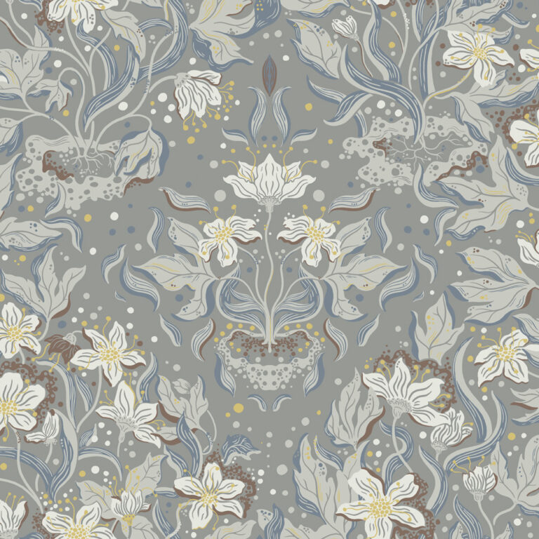 Blue, Gray Wallpaper with Floral and Medallion Patterns