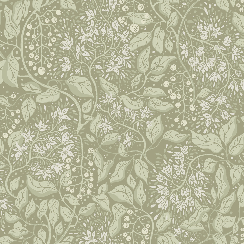 Green Wallpaper with Leaves, Floral Pattern
