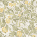 Green and yellow wallpaper with floral, leaf, and fruit patterns