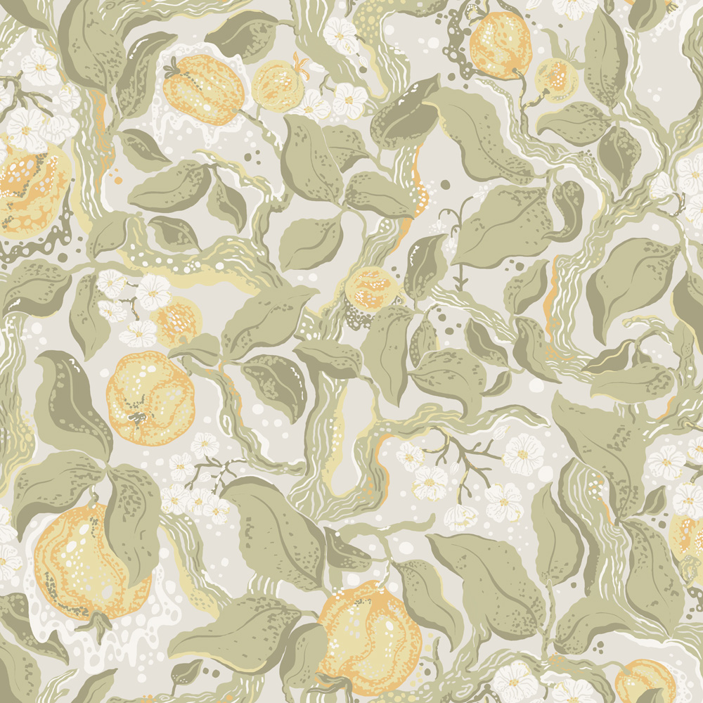 Green and yellow wallpaper with floral, leaf, and fruit patterns