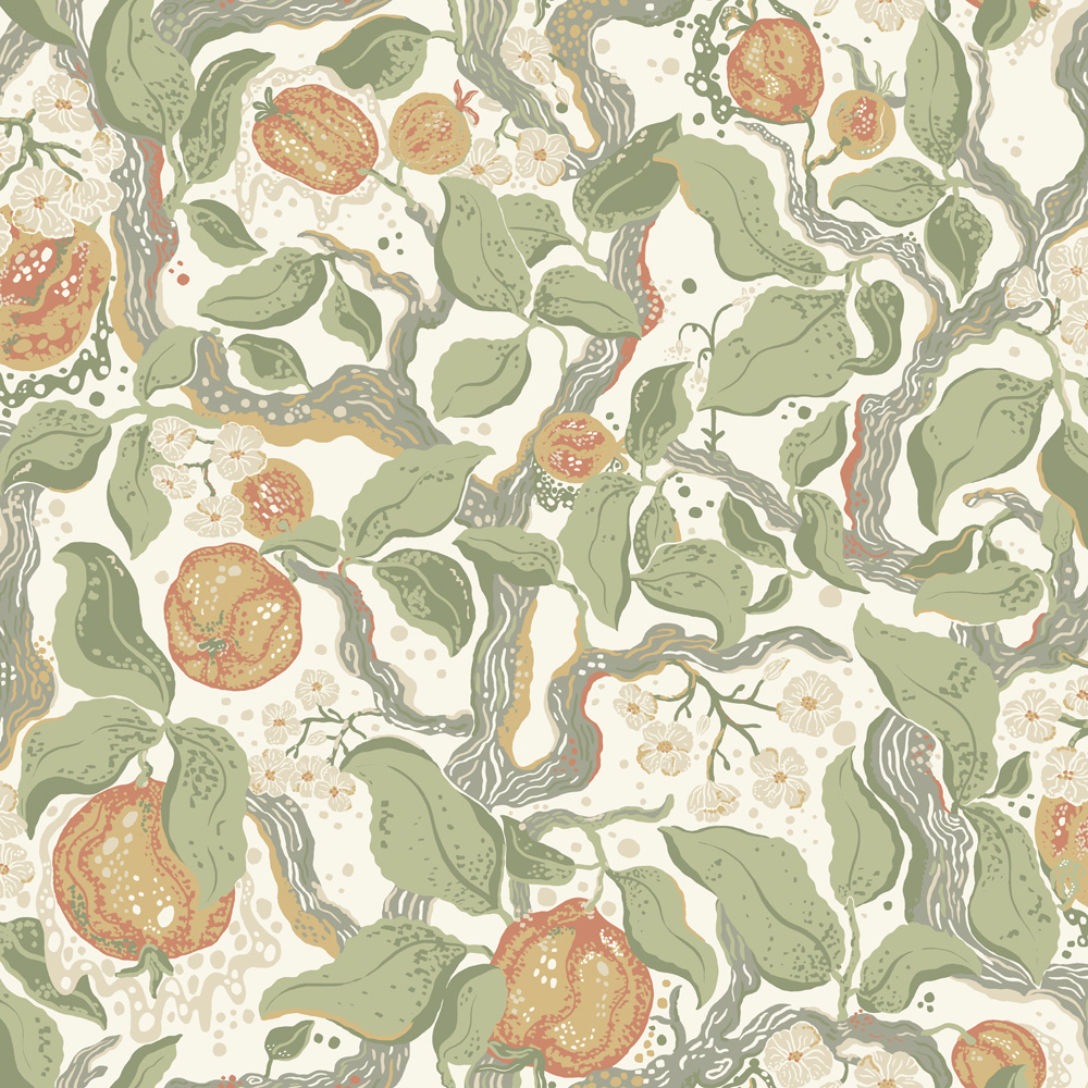 Green wallpaper with a leaf and fruit pattern