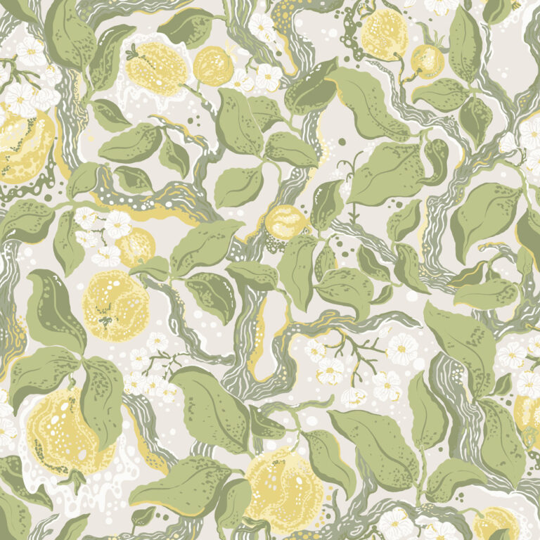 Green and Yellow Wallpaper with a Leaf and Fruit Pattern