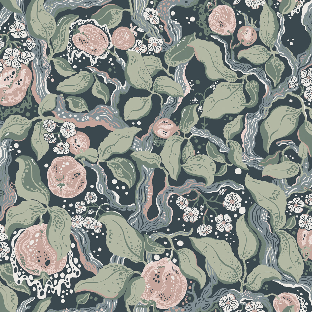 Blue Wallpaper with a Leaf and Fruit Pattern