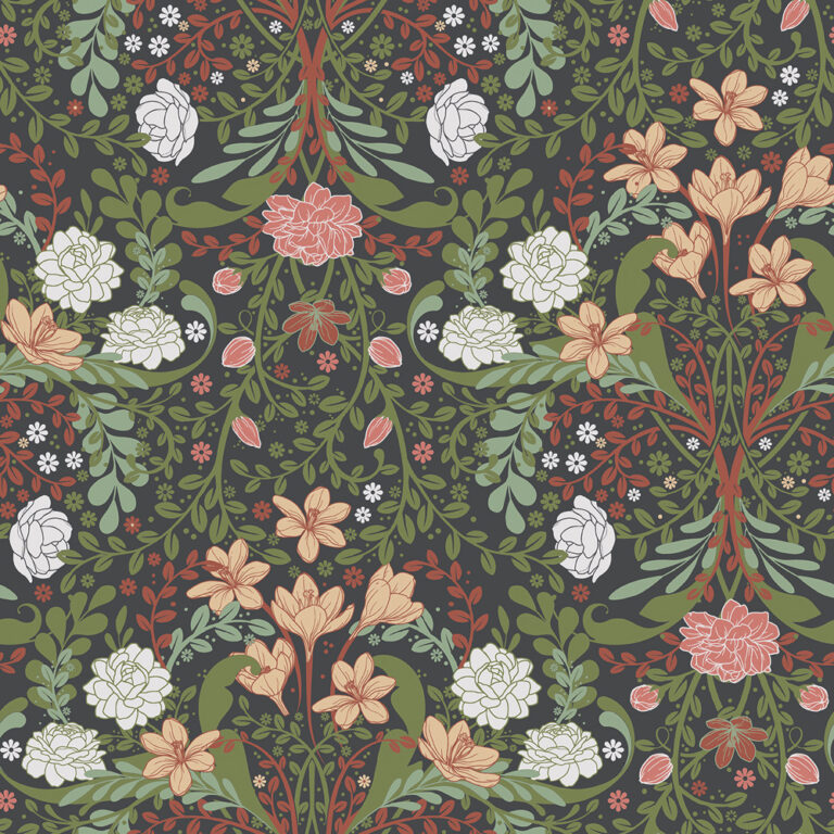Brown, multicolored wallpaper with a floral pattern