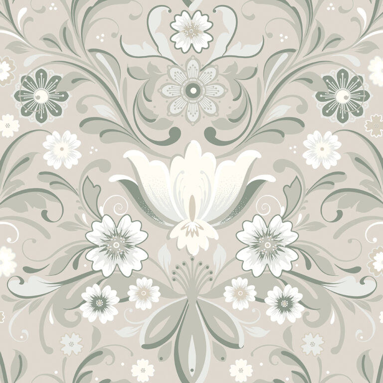 Beige and green wallpaper with a floral pattern
