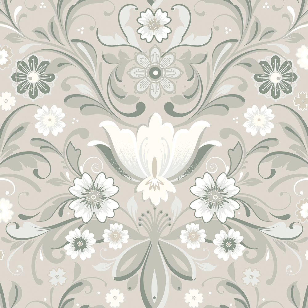 Beige and green wallpaper with a floral pattern