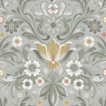 Gray, Green wallpaper with floral and medallion patterns