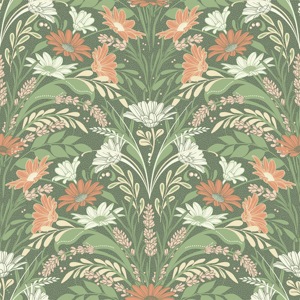 Green wallpaper with a floral pattern