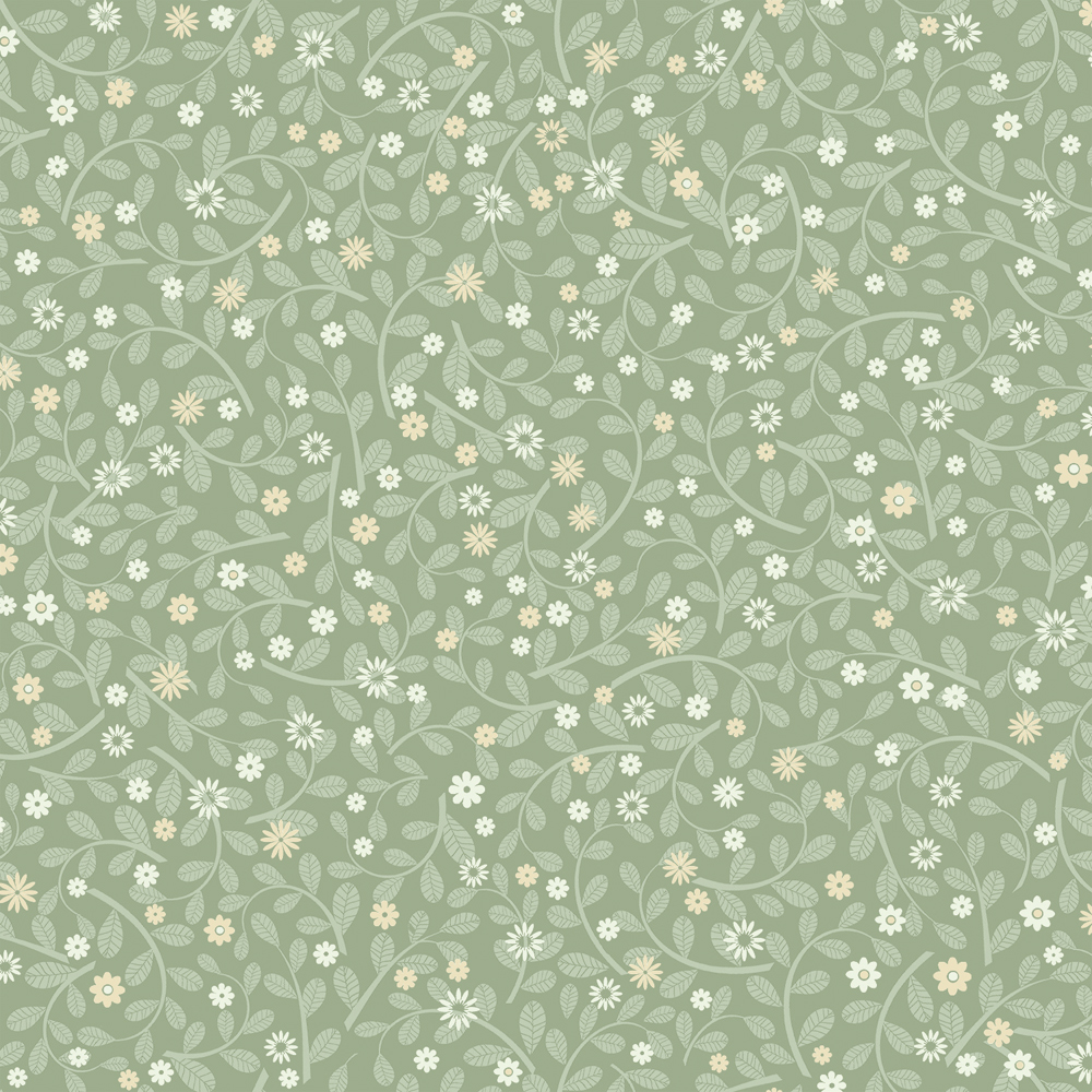 Green wallpaper with floral, small patterns, and leaf patterns