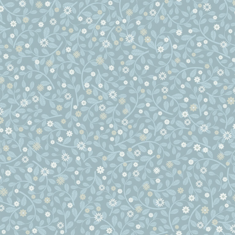 Blue wallpaper with a floral, small-patterned design
