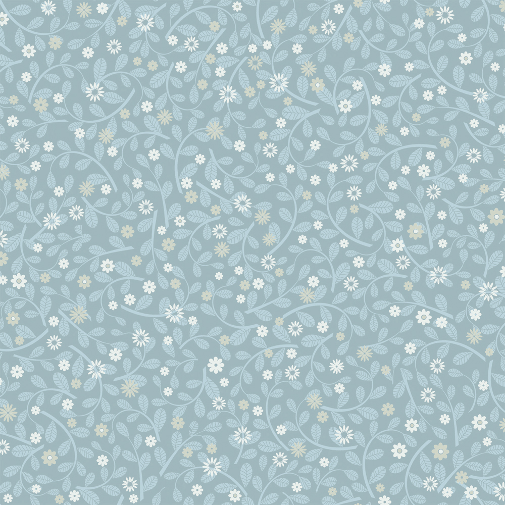 Blue wallpaper with a floral, small-patterned design