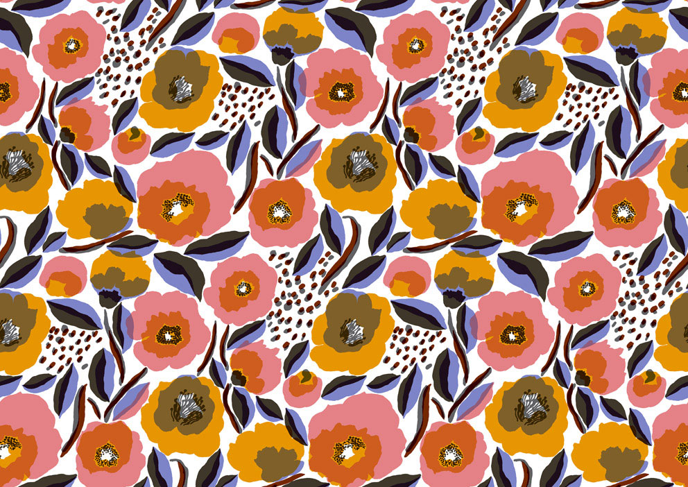 Multifärgat tapet med Blommigt, Retro mönster