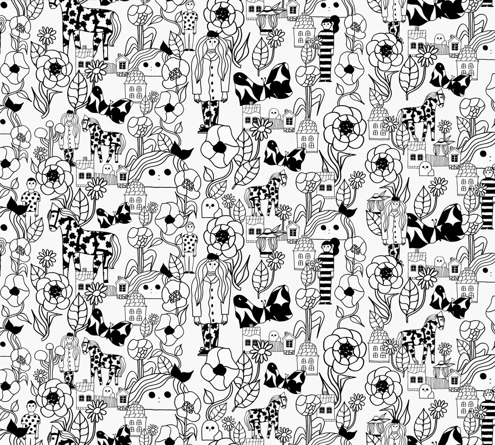 Black-and-white wallpaper with a figurative pattern