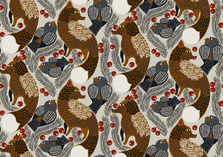 Beige, Brown Wallpaper with Animal and Bird Patterns