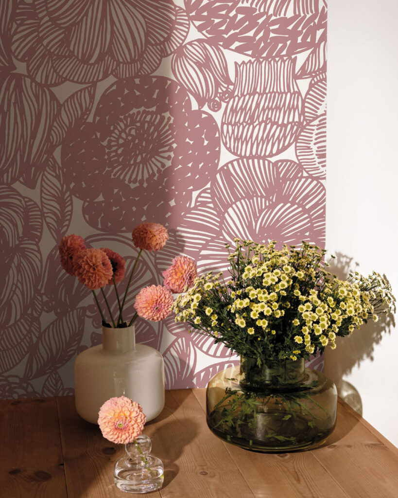 Marimekko wallpaper in purple with flowers