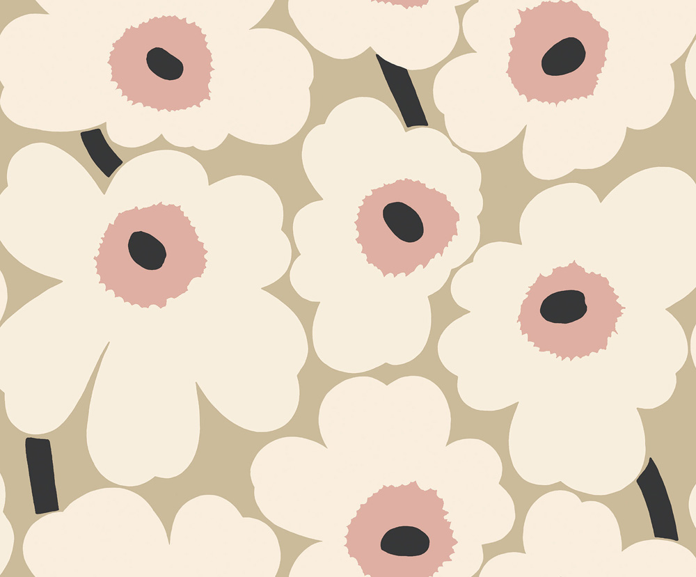 Neutral, beige wallpaper with a floral, retro pattern