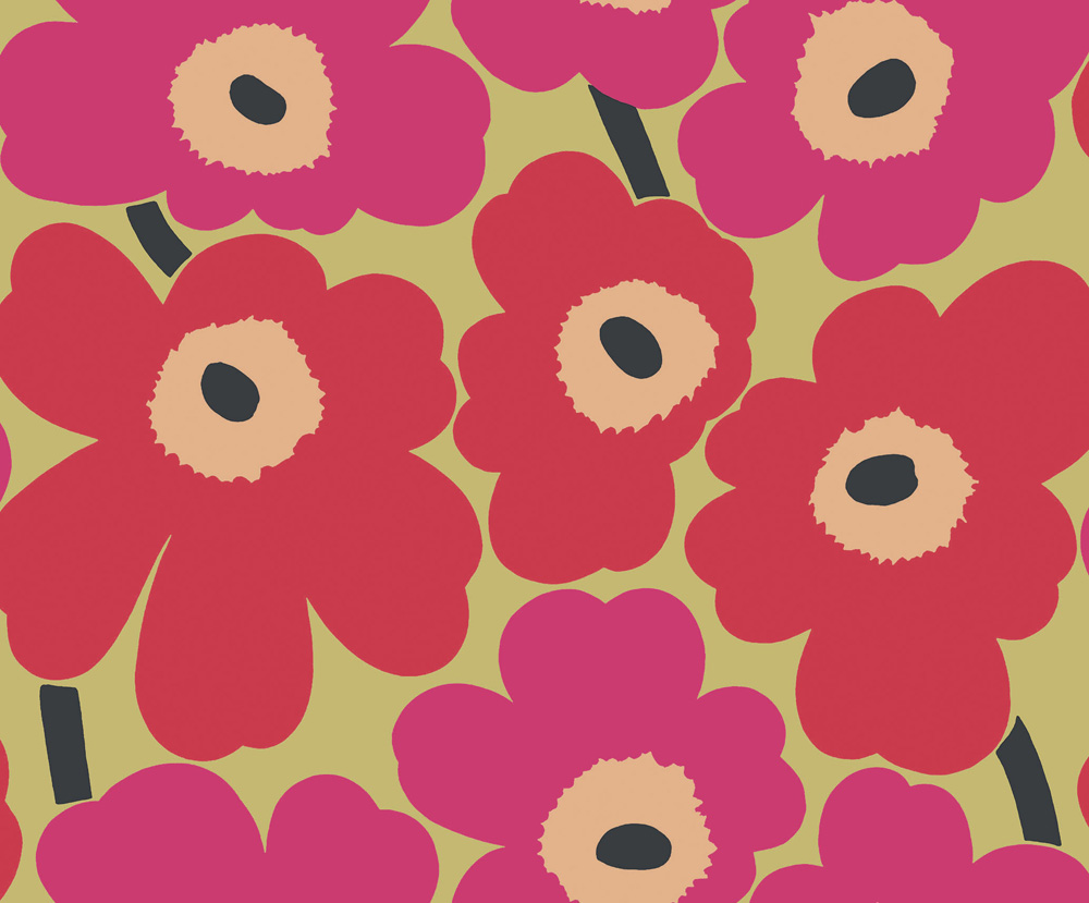 Yellow, Red, and Pink Wallpaper with Floral, Retro Patterns