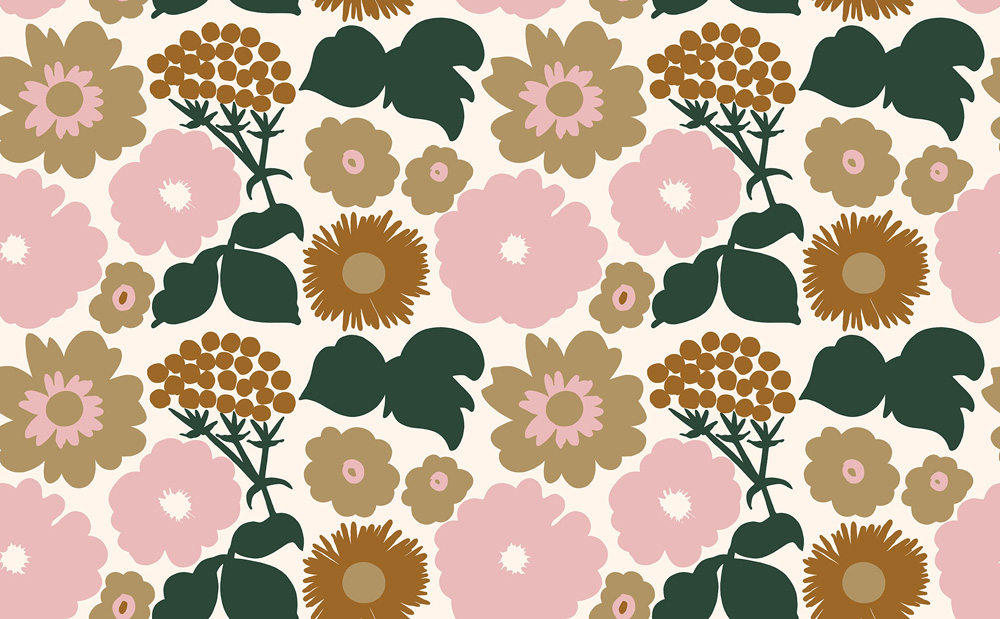 Multicolored, Pink Wallpaper with a Floral, Retro Pattern