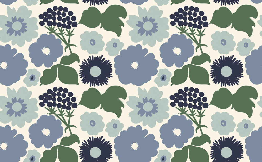 Blue Wallpaper with a Floral, Retro Pattern