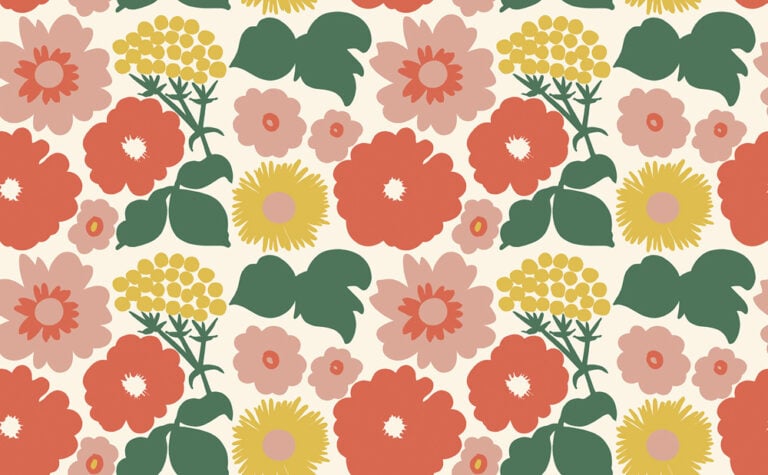 Multicolored, Pink Wallpaper with a Floral, Retro Pattern