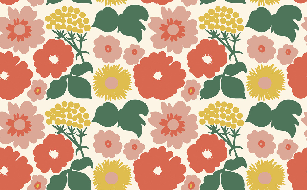 Multicolored, Pink Wallpaper with a Floral, Retro Pattern