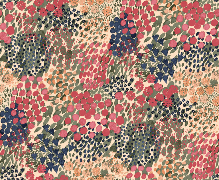 Multicolored, Pink Wallpaper with a Floral, Retro Pattern
