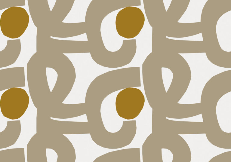 Beige wallpaper with a figurative, retro pattern